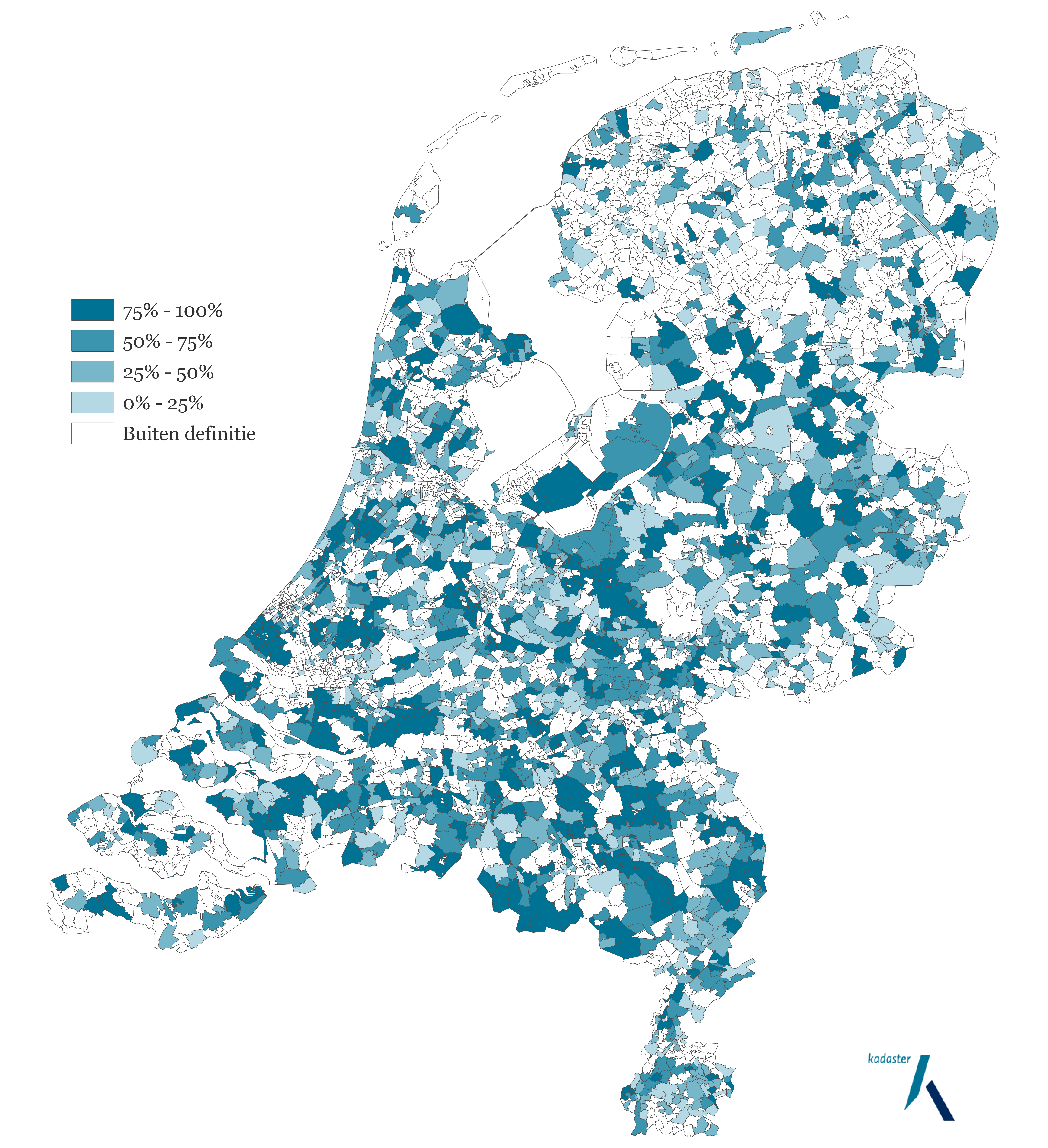 Figuur 1 - Grondbezit relevante marktpartijen woningmarkt naar postcodegebied. Bron: Kadaster/Vastgoedmarkt