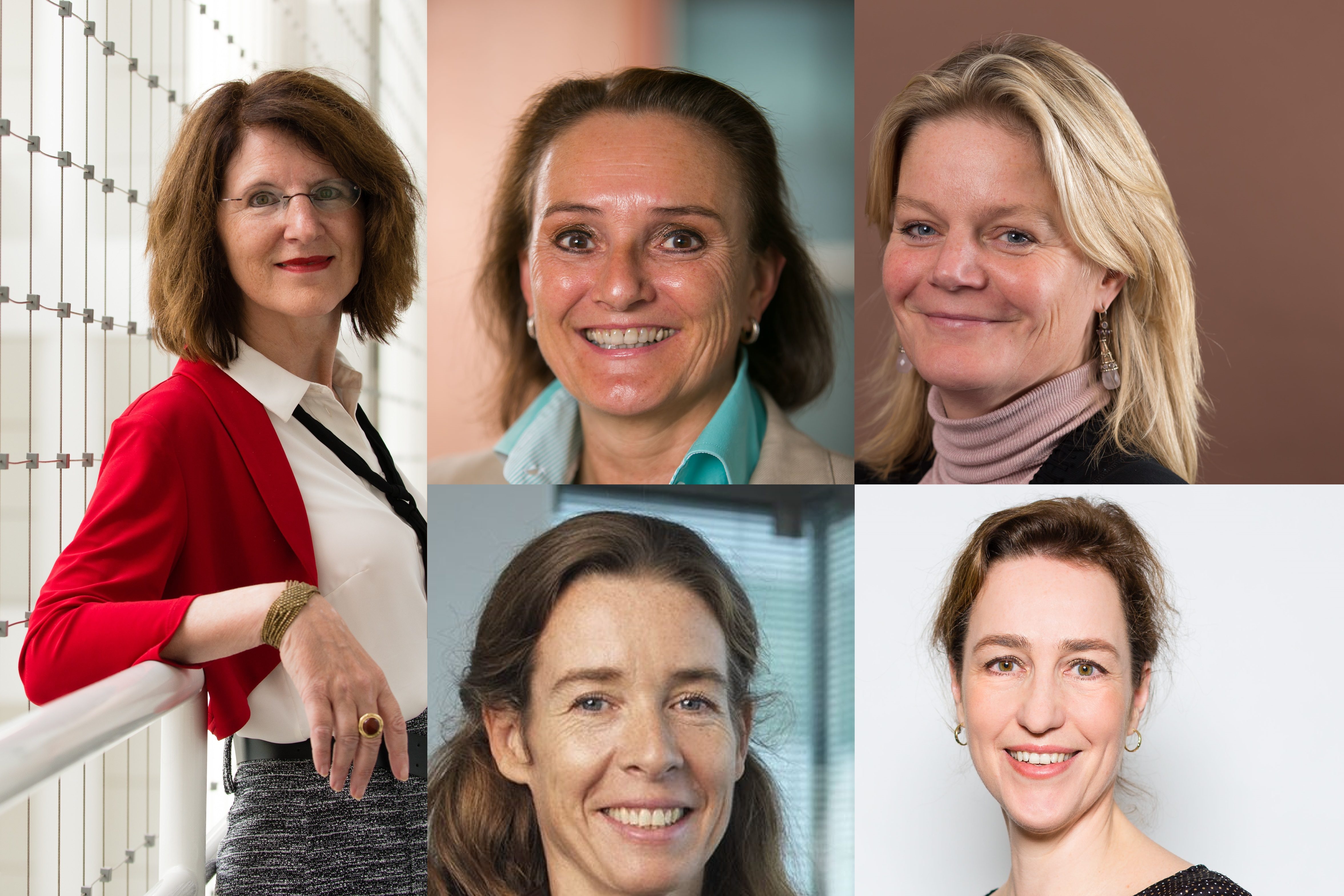 Annet Bertram (links), Cindy Rombouts (midden boven), Nicole Maarsen (rechts boven), Sophie van Oosterom (midden onder) en Heleen Aarts (rechts onder).