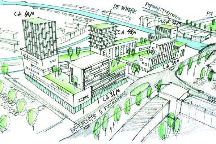 Schetsontwerp door Just Architects van de woningen in het Wagenweggebied in Purmerend. 