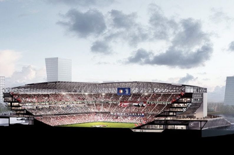 Dwarsdoorsnede van het nieuwe Feyenoordstadion. Het veld ligt op straatniveau. De publieke omloop met entrees bevindt zich tussen de eerste en de tweede ring. De verdiepte spelerstunnel aan de Maaszijde is een homage aan de Kuip. Credits: OMA