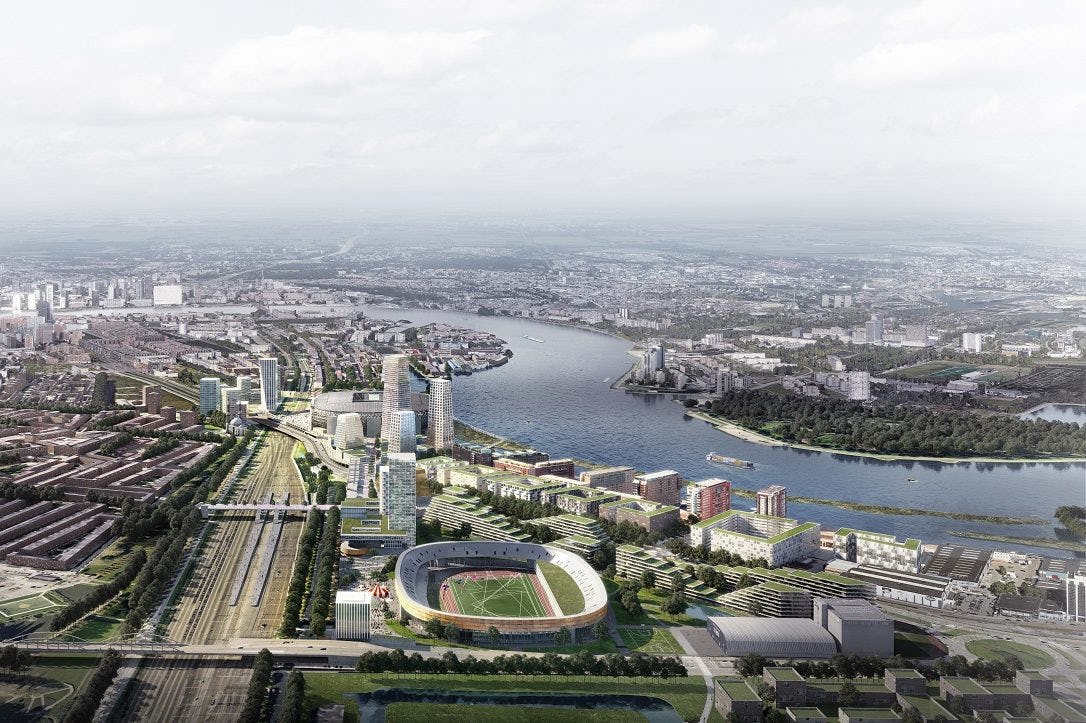 Het ontwerpbestemmingsplan voor Feyenoord City met daarin opgenomen een nieuw stadion voor Feyenoord.  Impressie door OMA en LOLA. 