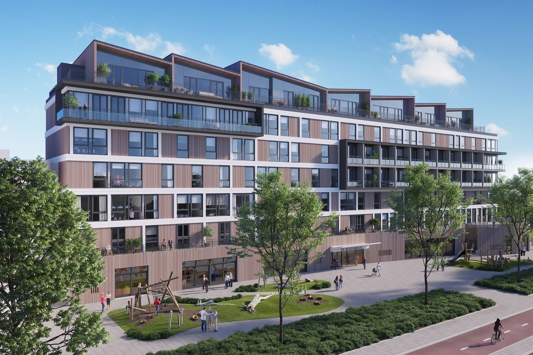 Impressie van Noordendijk 250 in Dordrecht na de transformatie van kantoor- tot wooncomplex