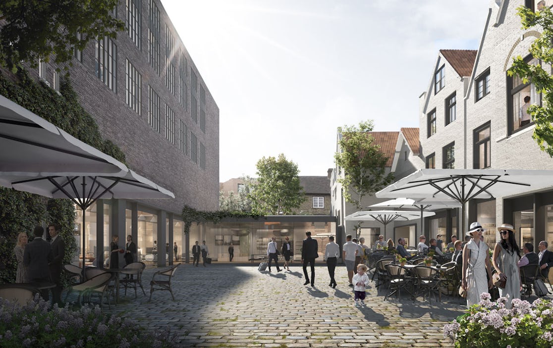 Impressie van het toekomstige Lindershof in Dordrecht, een combinatie van wonen, winkelen en horeca. 