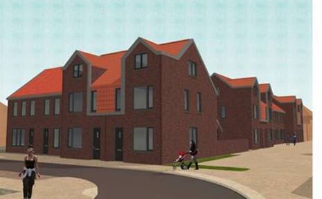 Artist impressie voorlopig ontwerp van fase 1 van nieuwbouwproject het Rode Dorp. © Architect Bloemen.