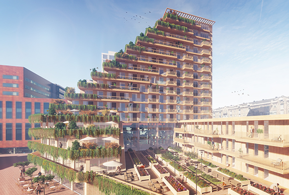 Impressie van de houten woontoren Sawa die in het Rotterdamse Lloydkwartier moet verrijzen.