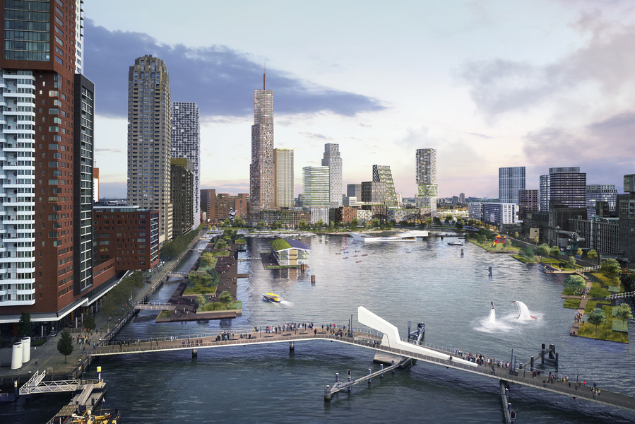 Een impressie door Barcode Architects van de nieuwe Rijnhaven