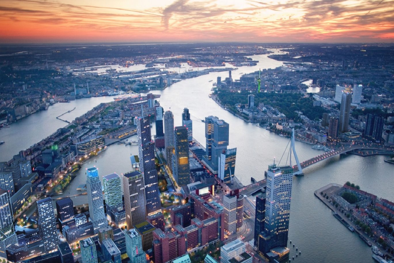Impressie van de nieuwe Rijnhaven door Barcode Architects in samenwerking met de gemeente Rotterdam