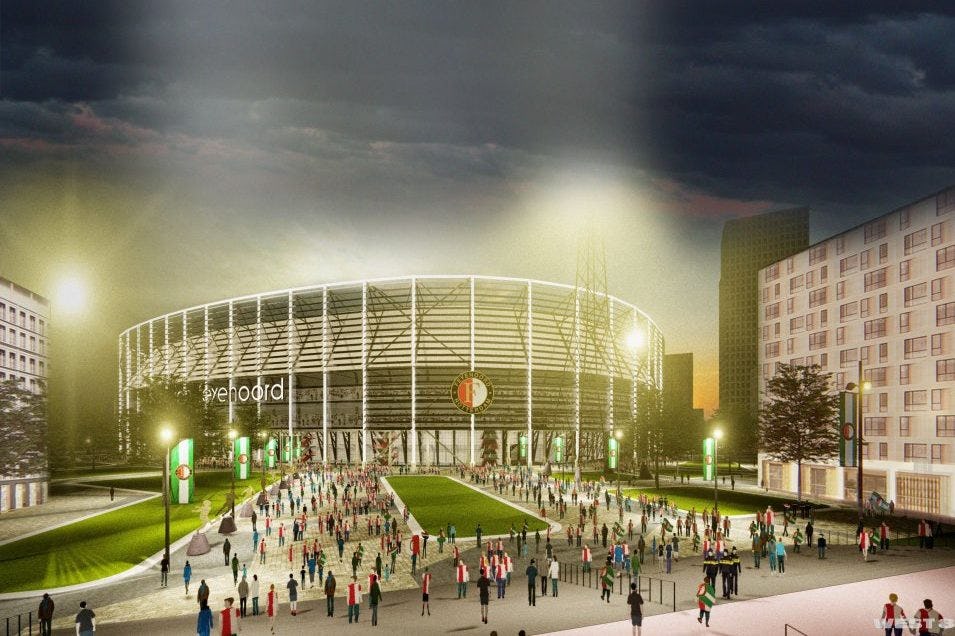 Een avondbeeld van het vernieuwbouwde Stadion Feijenoord, zoals het consortium DMK dat graag ziet verrijzen. Beeld: West8