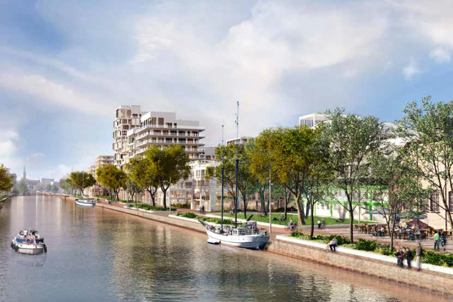 Een impressie van Stadshavens met een voorbeeld van nieuwe bebouwing. Op de achtergrond zijn de contouren van de binnenstad te zien.