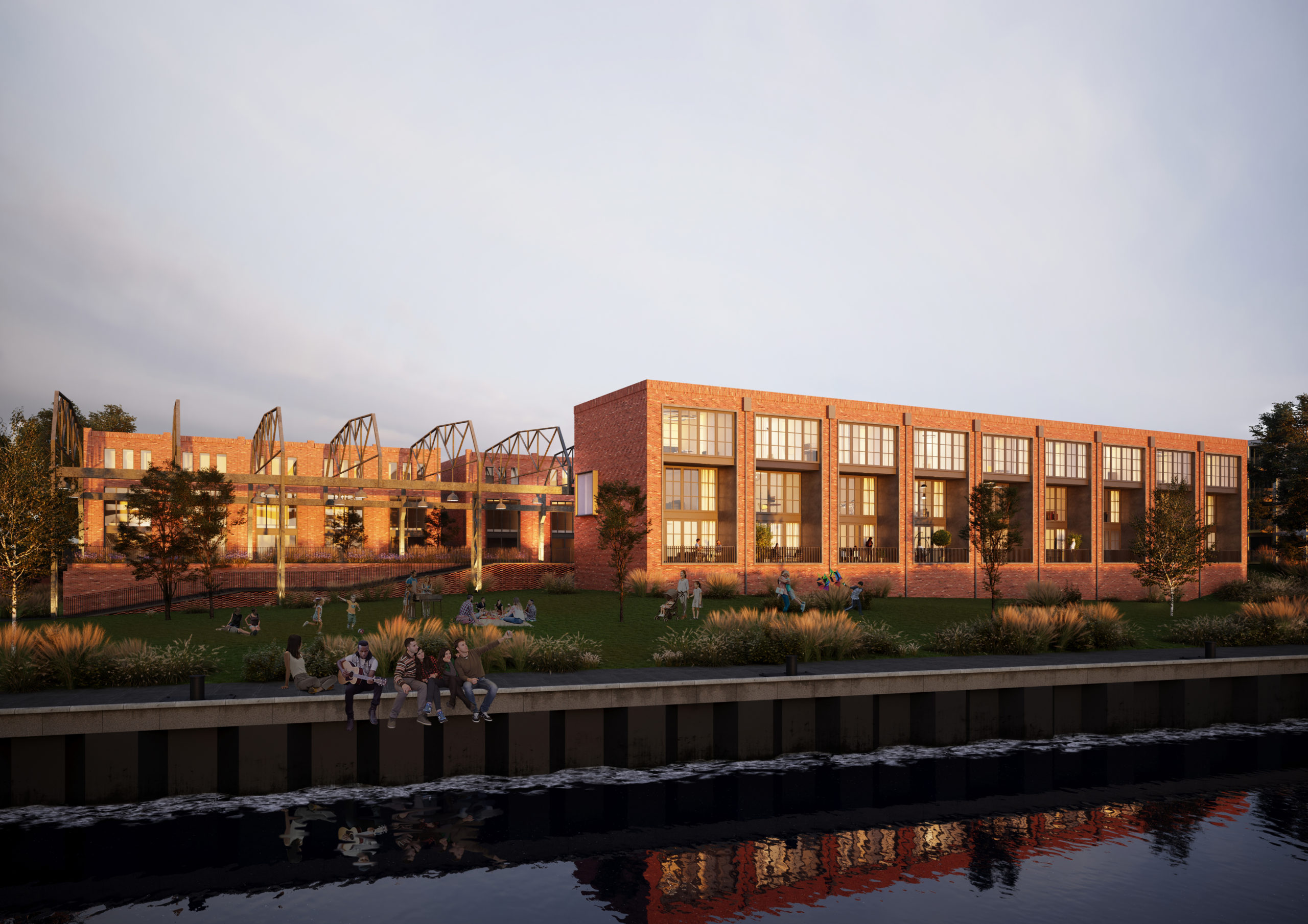 Impressie van de dijkwoningen die in Kloos worden gerealiseerd en waarbij de spanten van de voormalige werf deels terugkeren