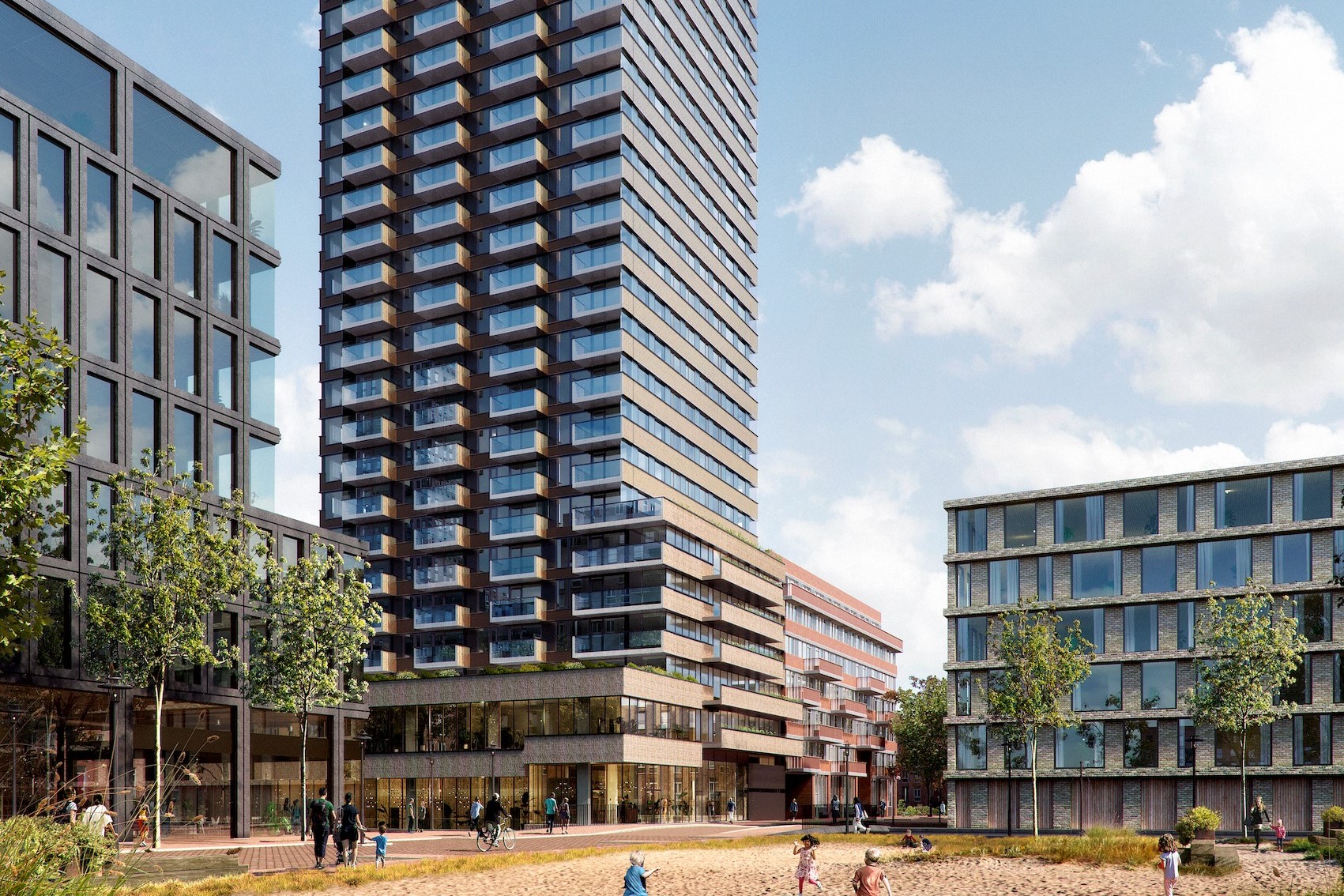 Artist impression van de nieuwbouw in de Amsterdamse Sluisbuurt. Beeld: Absent Matter 2021