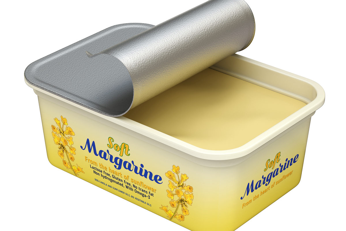 Open margarine box with abstract design isolated on white background - 3D illustration