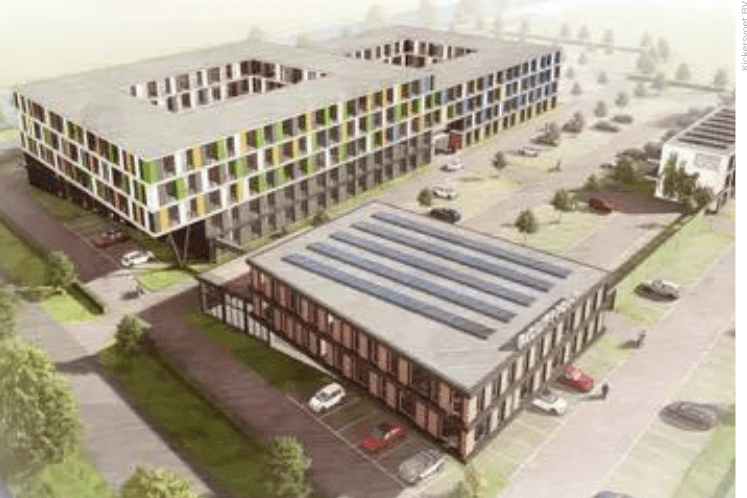 Het voorziene migrantenhotel van Redwater op bedrijventerrein Kickersbloem III in Hellevoetsluis