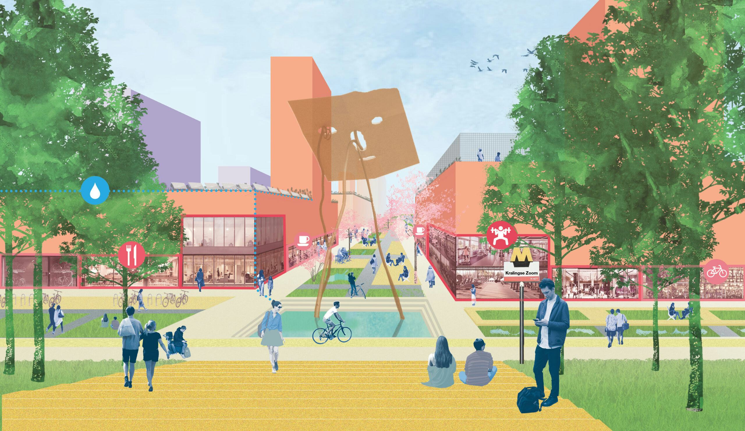 Illustratie van het nieuwe OV-knooppunt bij Kralingse Zoom, met ruimte voor wonen, werken en voorzieningen. De illustratie is gemaakt door Studio For New Realities en LOLA Landscape Architects.