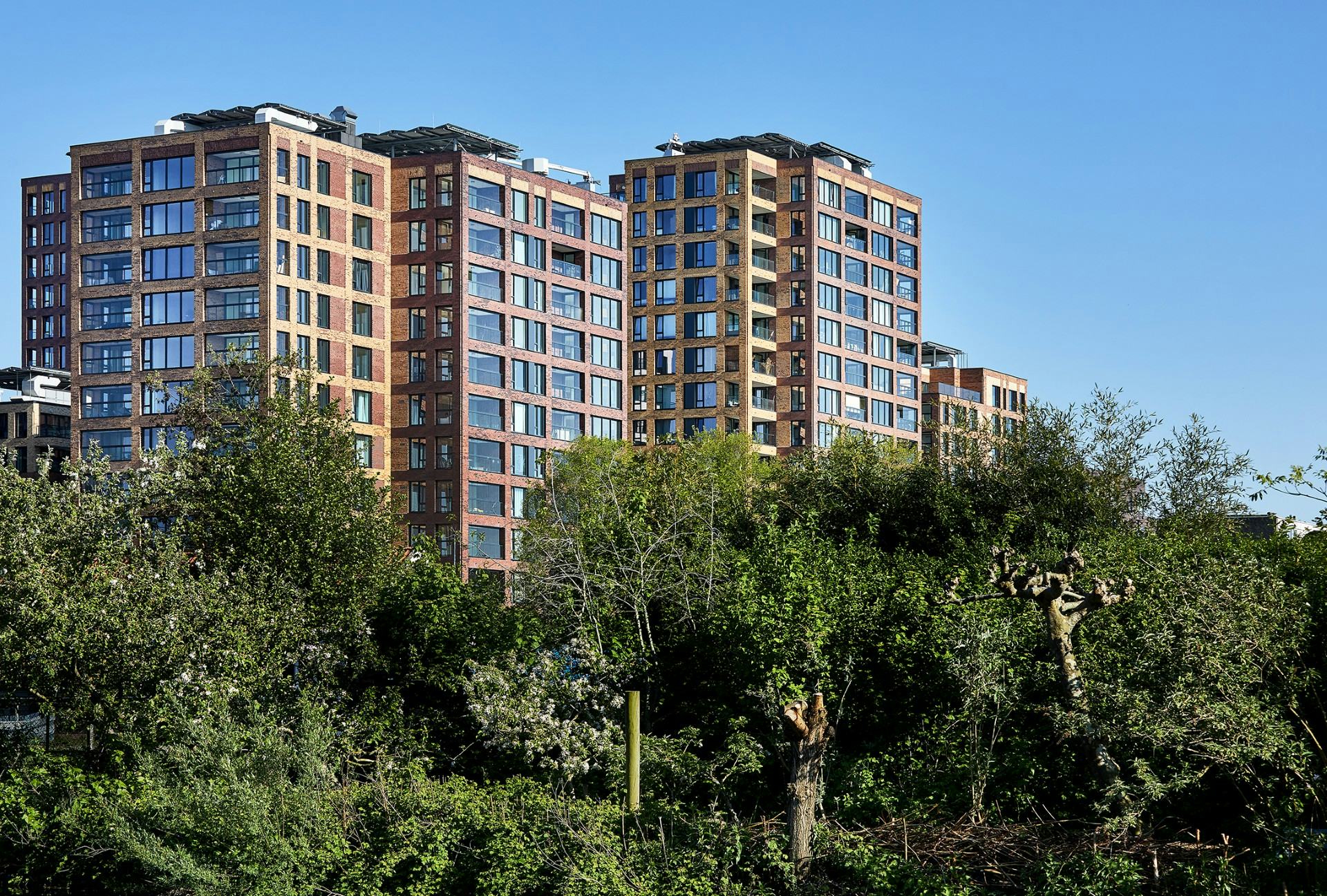 De gebouwen staan los van elkaar en variëren in hoogte, kleuren en metselwerk. 