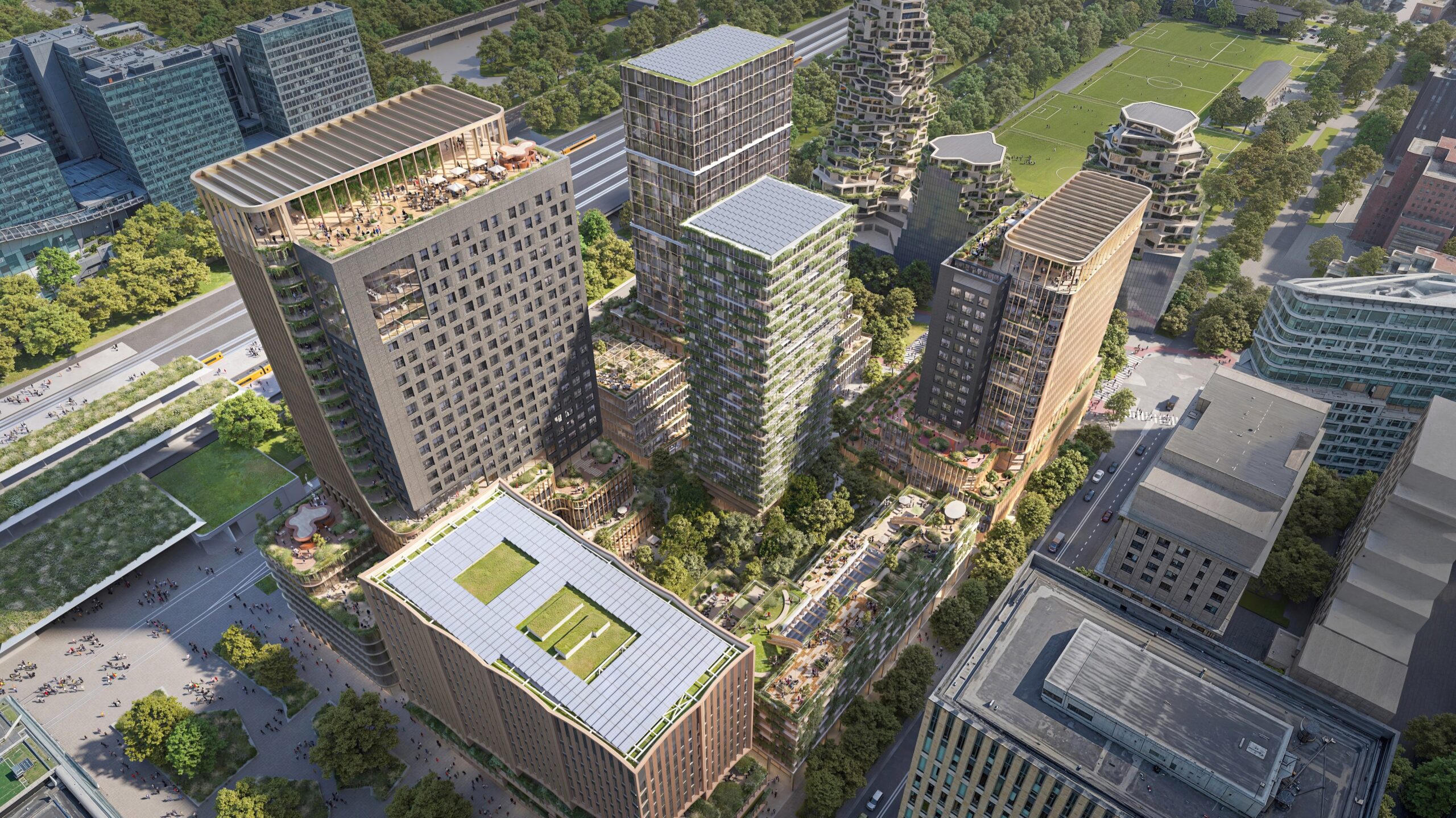 Een ontwerp van het toekomstige Zudo, een 'dorp' met kantoren, woningen en publieke ruimte.