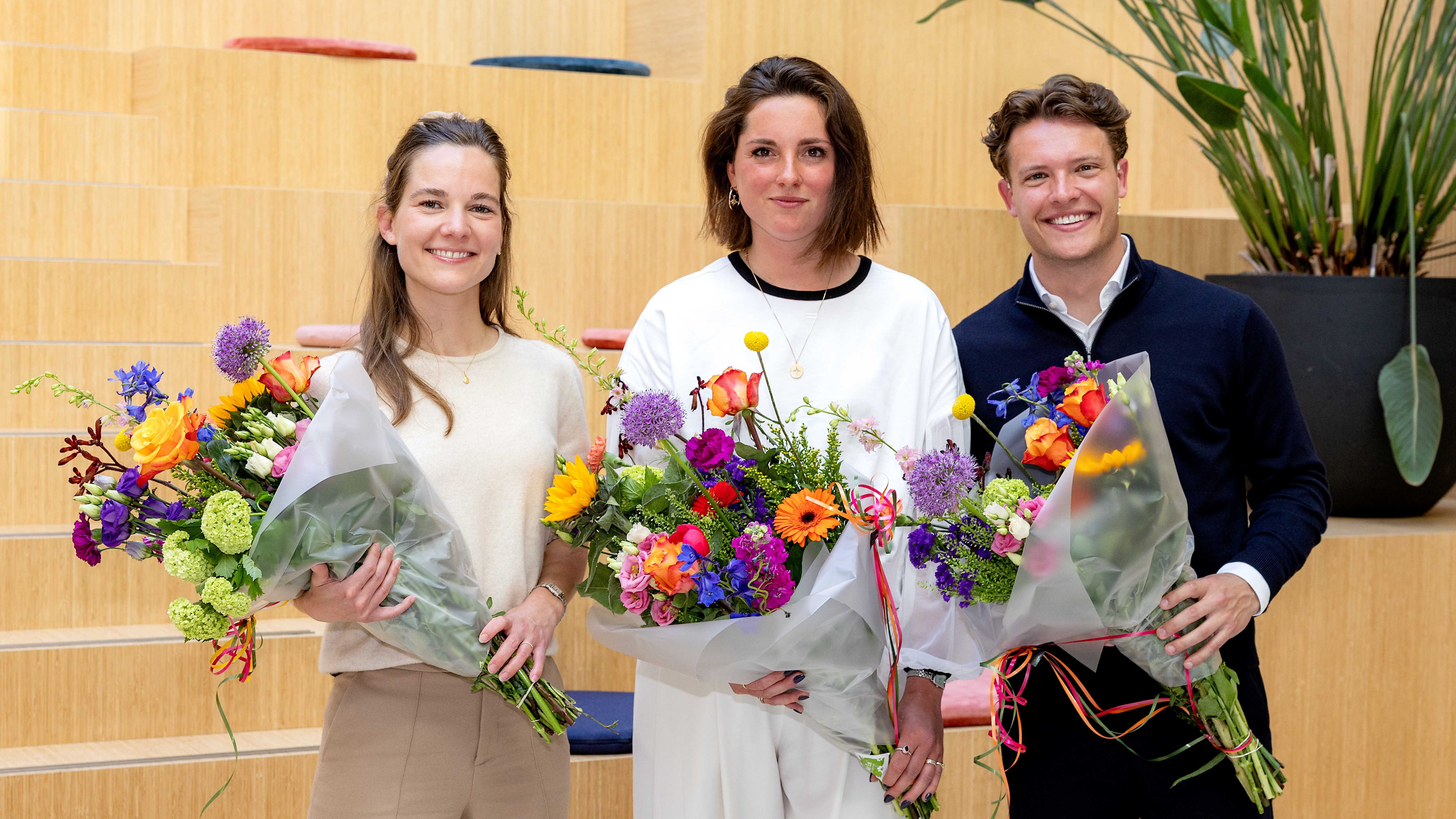 Blije gezichten bij Fleur Klanderman, Mare Santema en Bram Matheijssen: zij gaan door naar de finale!