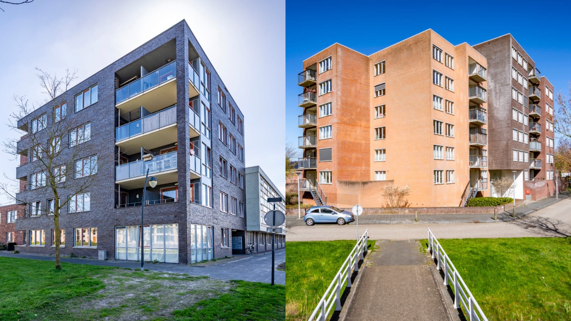 Wooncomplexen in Hooglanderveen (links) en Zwolle (rechts).